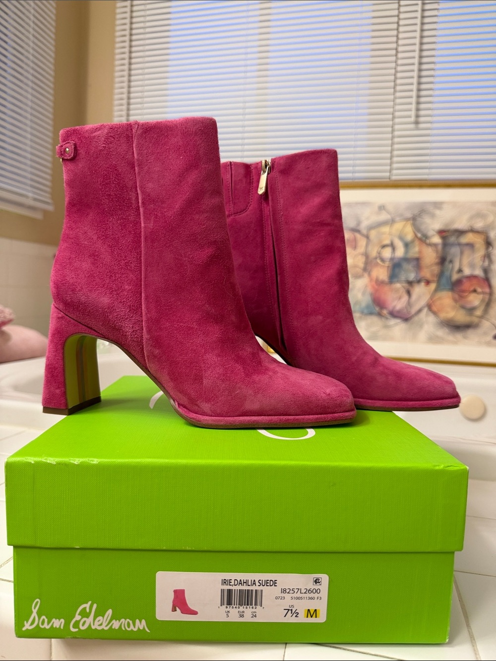 Sam Edelman Fuchsia Suede Ankle Booties with Block Heel - Picture 3 of 6